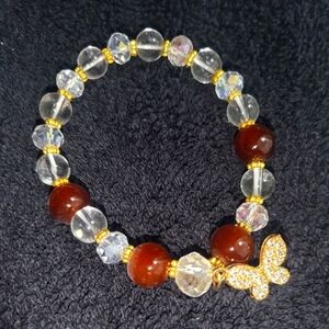 (New) Blingy Clear & Brown Beaded Fashion Bracelet With Butterfly Charm